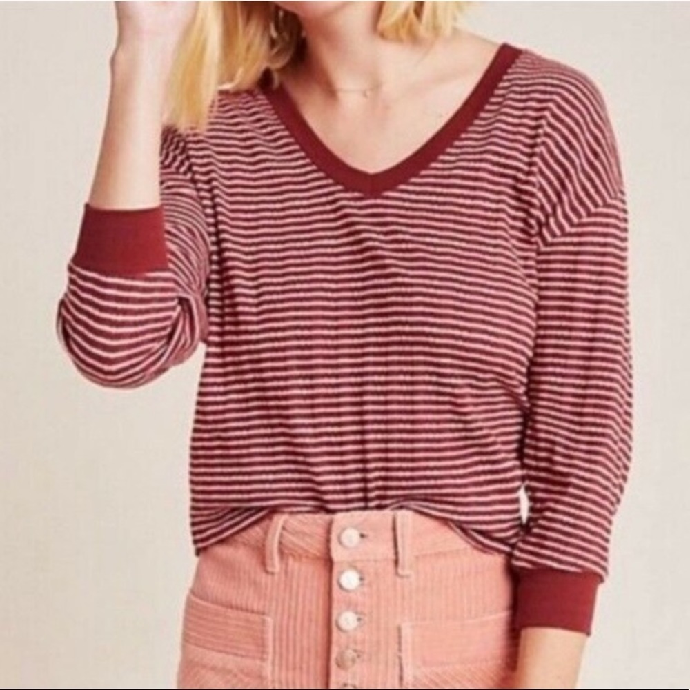 Anthropologie ribbed pink marois Hannah v neck top 70’s 80’s inspired small - Picture 3 of 14